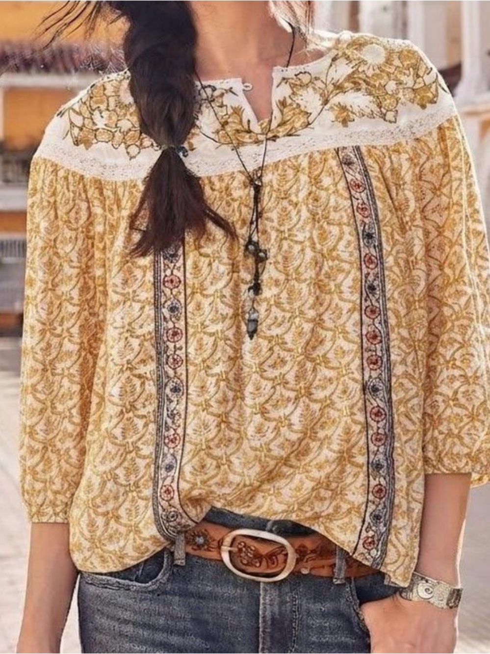 Sundance Yellow Floral Oversized Peasant Blouse Mesh Shoulder Women’s Large